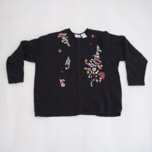 Vintage Blair Black Floral Embroidered Full Zip Front Knit Cardigan Sweater XL